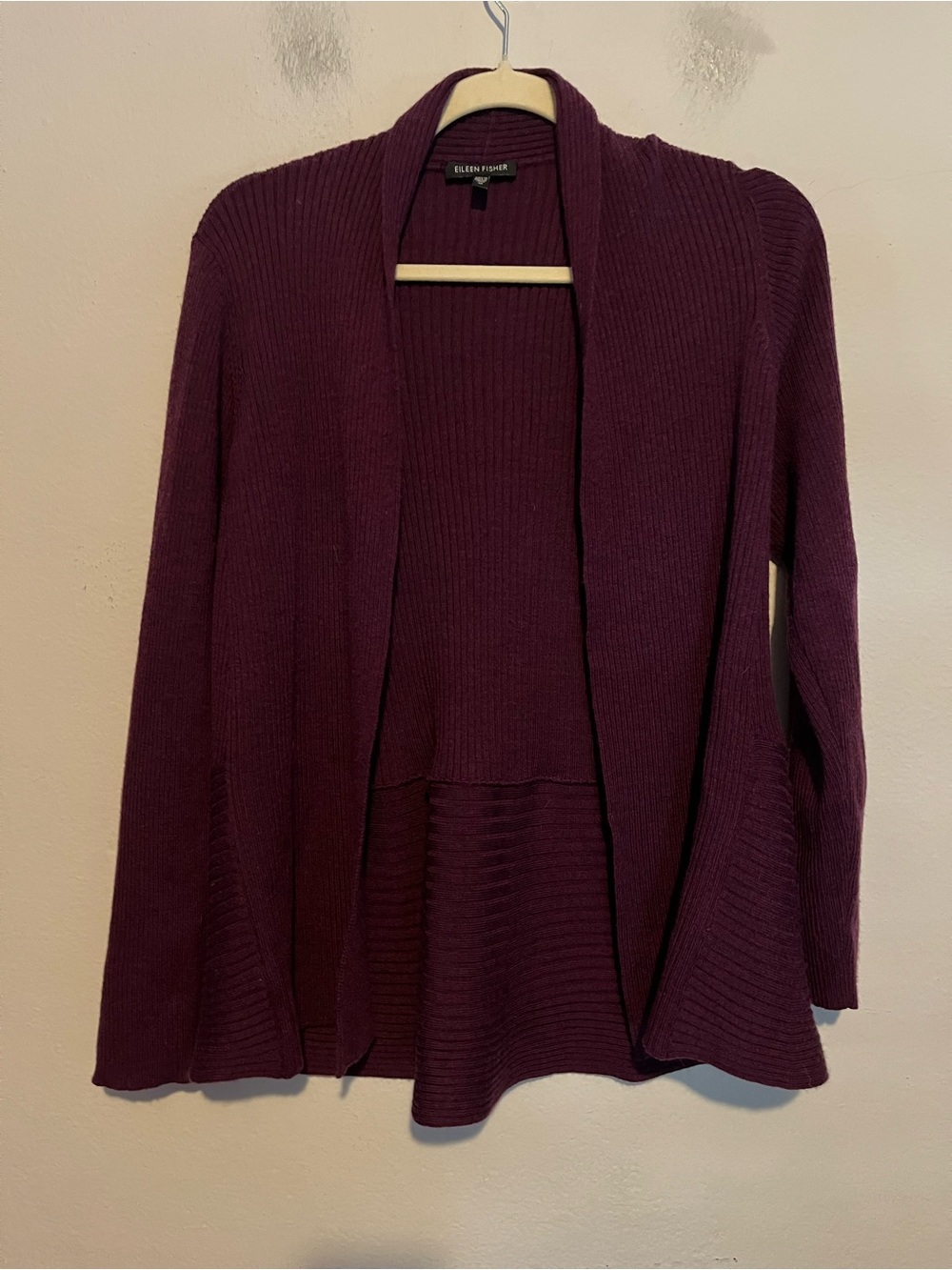 Eileen Fisher Deep Plum 100% Merino Wool Open-Front Ribbed Cardigan Medium